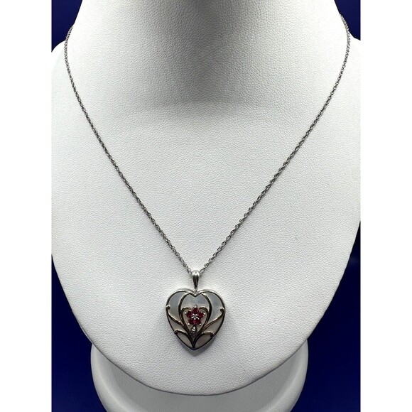 Sterling 14K Heart Pendant Dainty Necklace Mother of Pearl 19" Chain Stamped - Picture 3 of 7